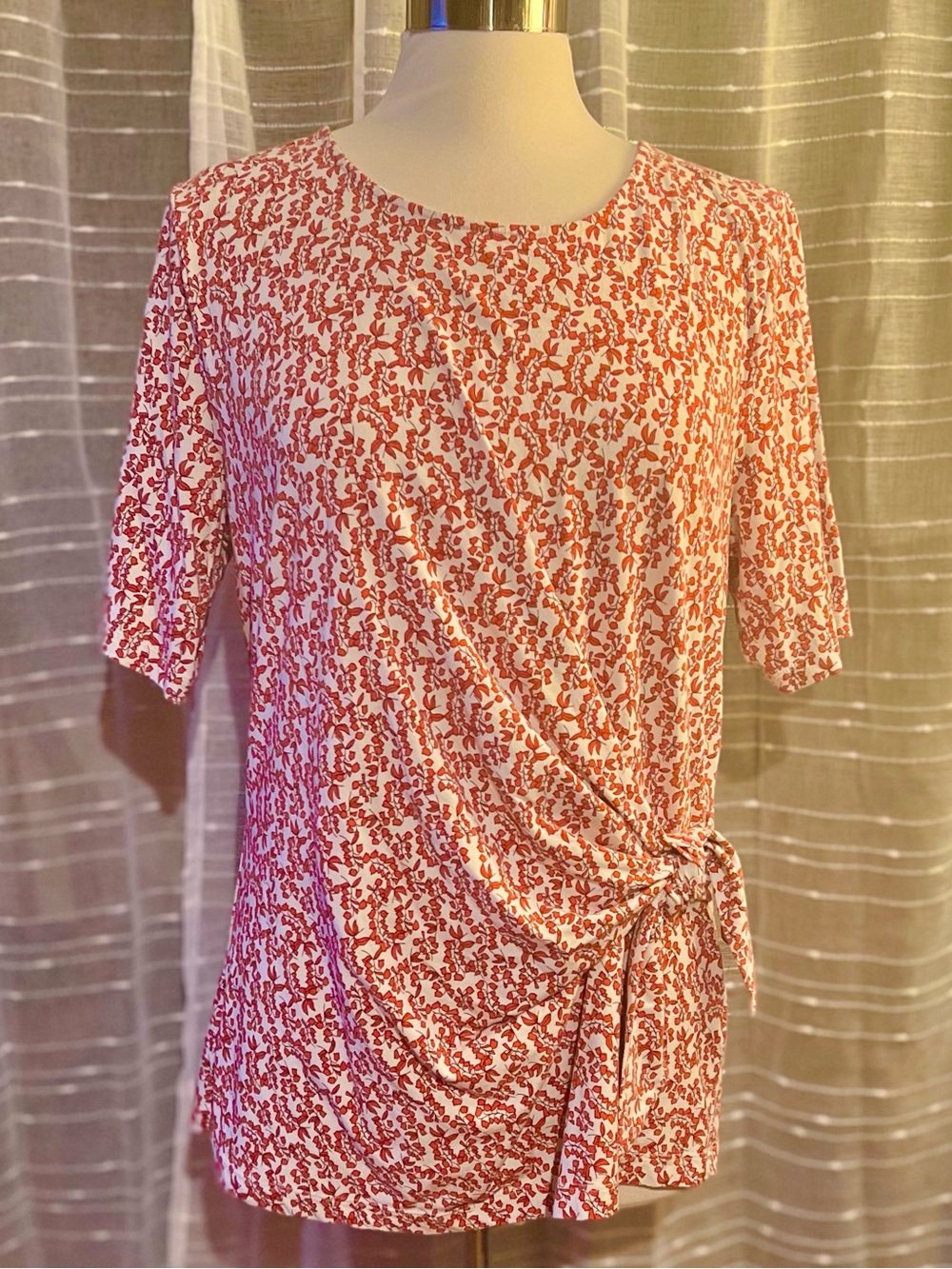 Lands' End Sz XL Elbow Sleeve Tie Front Top Red Ditsy Tulips
